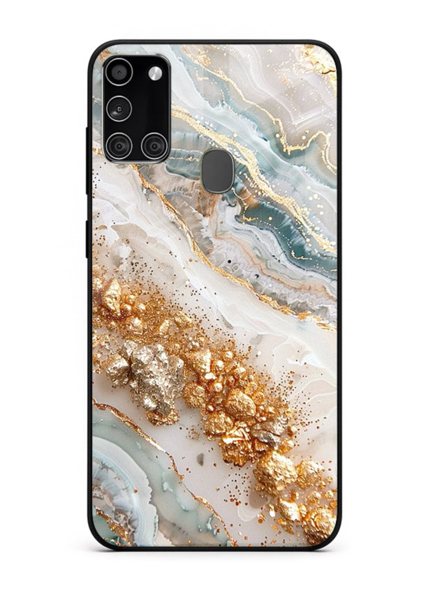 Smoky Gold Burst Samsung A21s glass back cover with smoky marble and gold bursts