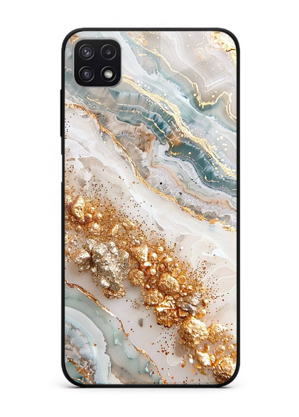 Smoky Gold Burst Samsung A22 5G glass back cover with smoky marble and gold bursts