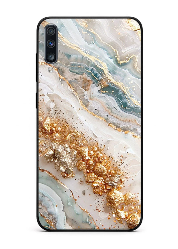 Smoky Gold Burst Samsung A50 glass back cover with smoky marble and gold bursts