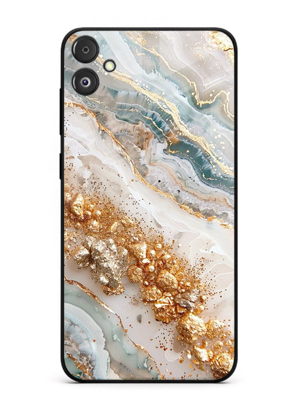 Smoky Gold Burst Samsung F05 5G glass back cover with smoky marble and gold bursts