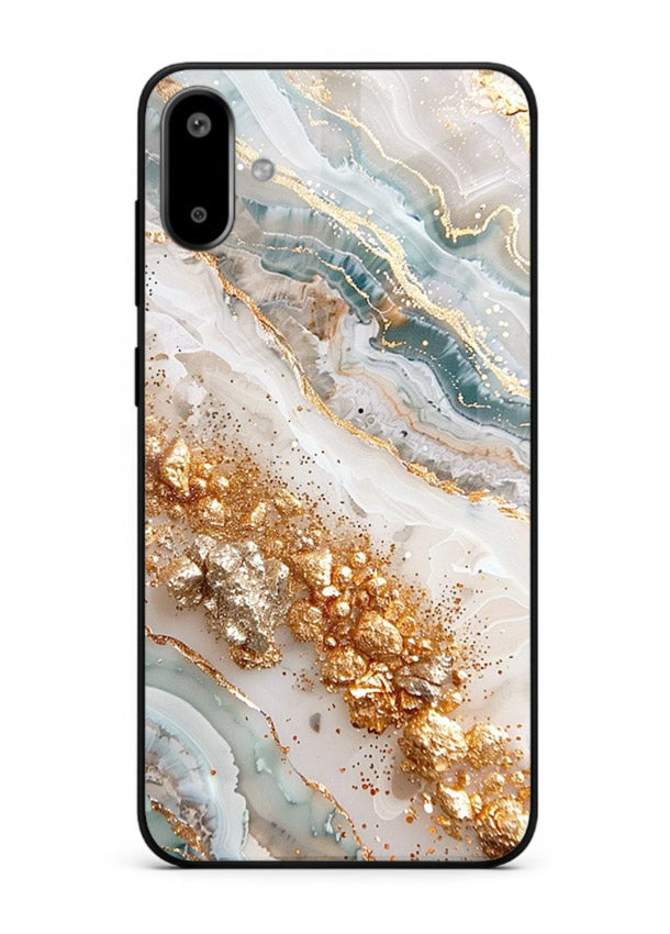 Smoky Gold Burst Samsung F06 5G glass back cover with smoky marble and gold bursts