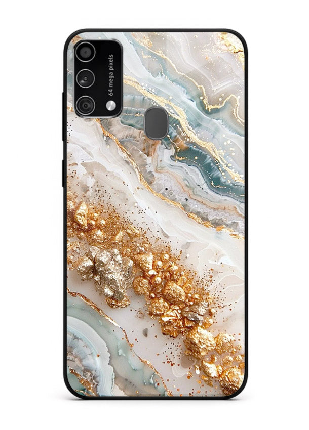 Smoky Gold Burst Samsung F41 glass back cover with smoky marble and gold bursts