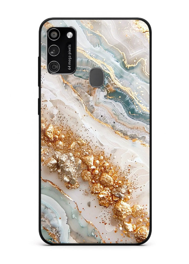 Smoky Gold Burst Samsung M21 glass back cover with smoky marble and gold bursts