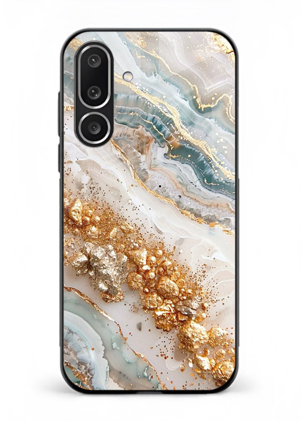 Smoky Gold Burst Samsung F56 5G glass back cover with smoky marble and gold bursts