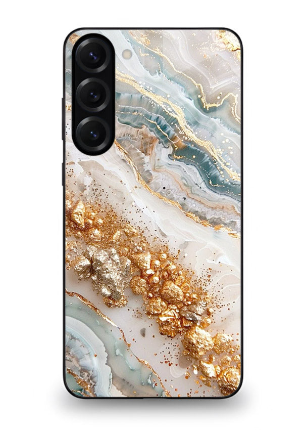 Smoky Gold Burst Samsung S23 glass back cover with smoky marble and gold bursts