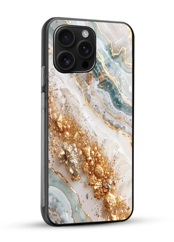 Smoky Gold Burst glossy vibrant premium glass back cover with smoky marble and gold bursts - Angle Side