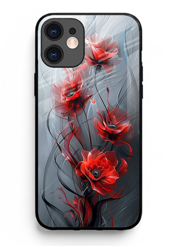 Smoky red blossom artwork on iphone 11 glass back cover with deep atmospheric tones.