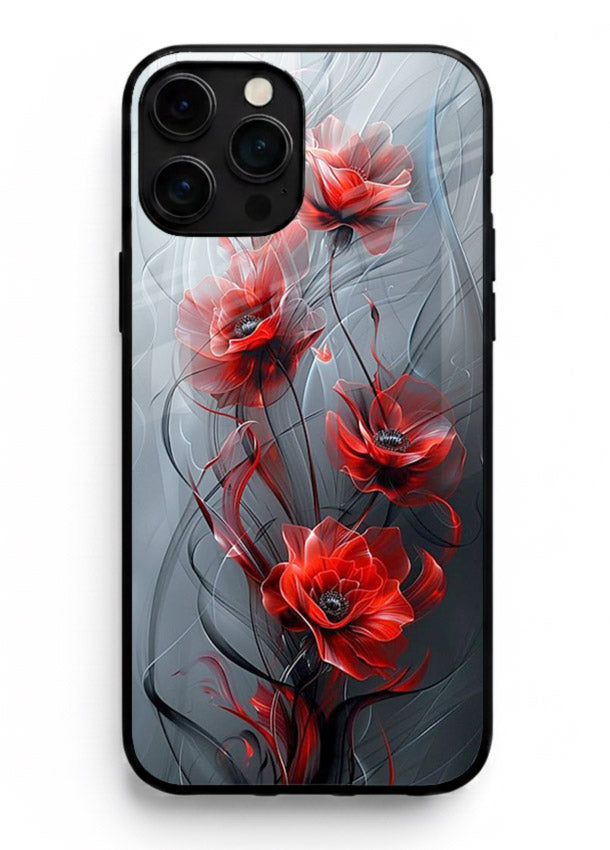 Smoky red blossom artwork on iphone 15 pro max glass back cover with deep atmospheric tones.