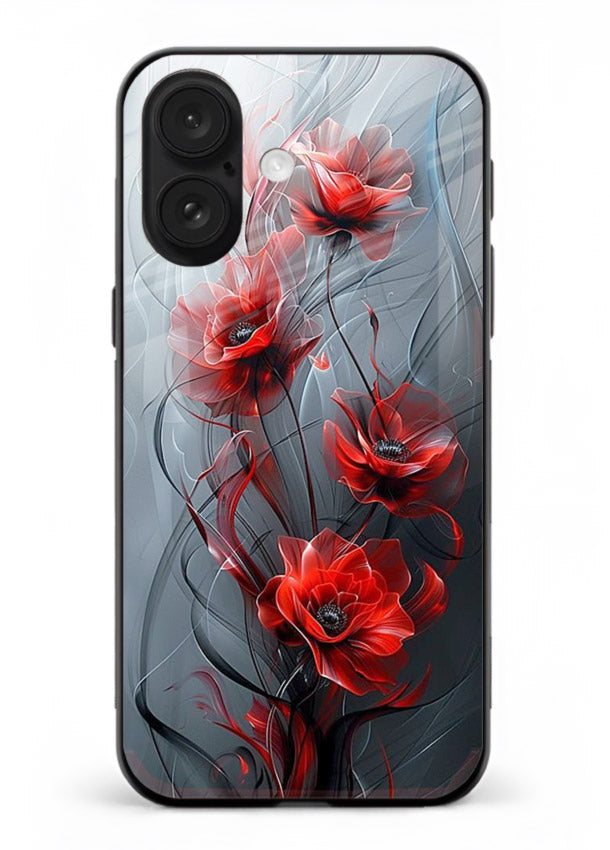 Smoky red blossom artwork on iphone 18 glass back cover with deep atmospheric tones.
