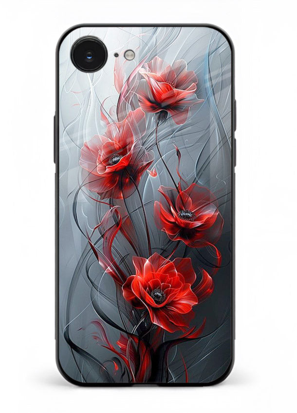 Smoky red blossom artwork on iphone 16e glass back cover with deep atmospheric tones.
