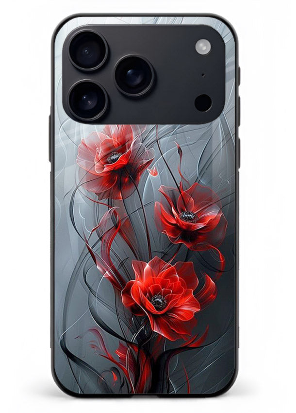 Smoky red blossom artwork on iphone 18 pro max glass back cover with deep atmospheric tones.
