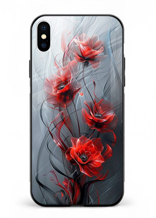 Smoky red blossom artwork on iphone xs max glass back cover with deep atmospheric tones.