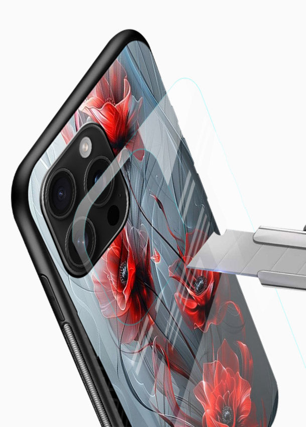 Smoky red blossom artwork on glossy vibrant premium glass back cover with deep atmospheric tones. - Angle Blade