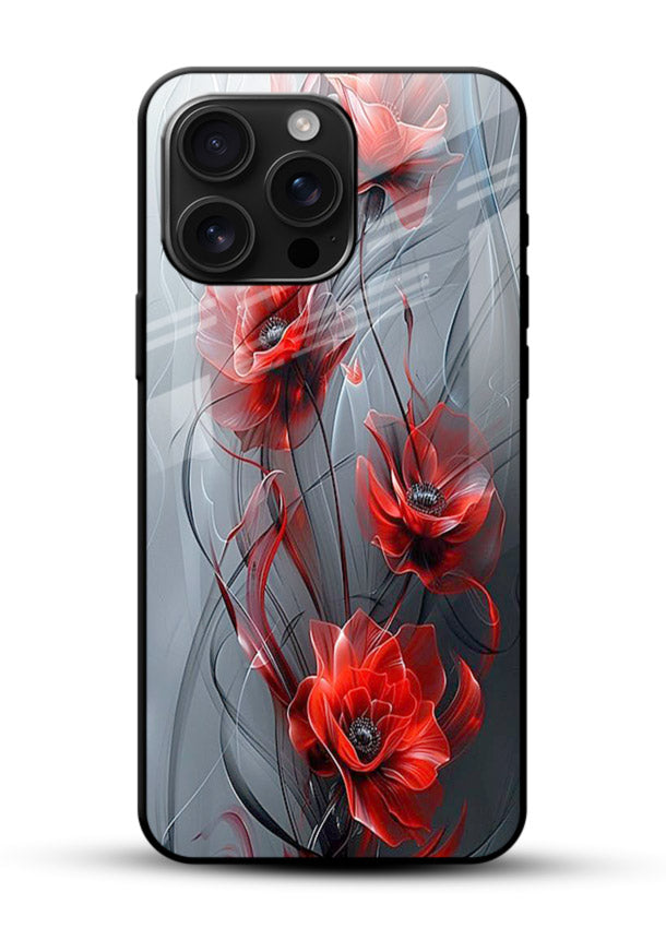 Smoky red blossom artwork on glossy vibrant premium glass back cover with deep atmospheric tones. - Angle Front