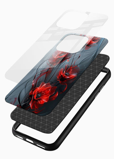Smoky red blossom artwork on glossy vibrant premium glass back cover with deep atmospheric tones. - Angle Layers
