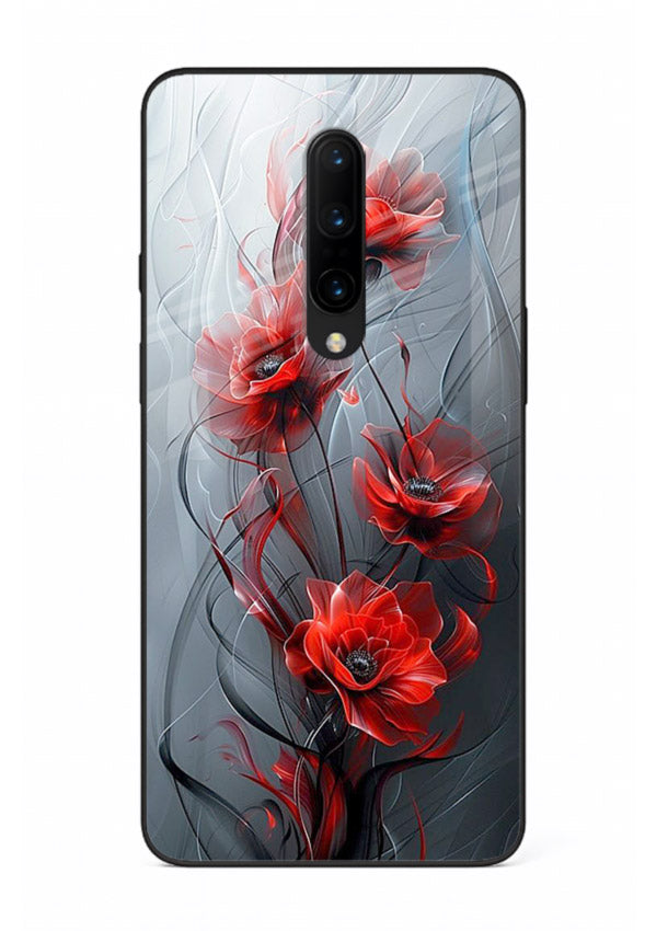 Smoky red blossom artwork on OnePlus 7T Pro glass back cover with deep atmospheric tones.