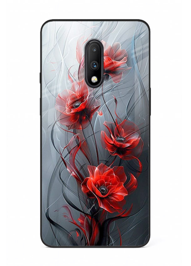 Smoky red blossom artwork on OnePlus 7 glass back cover with deep atmospheric tones.