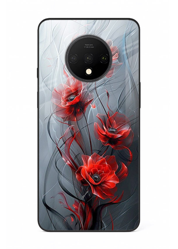 Smoky red blossom artwork on OnePlus 7T glass back cover with deep atmospheric tones.
