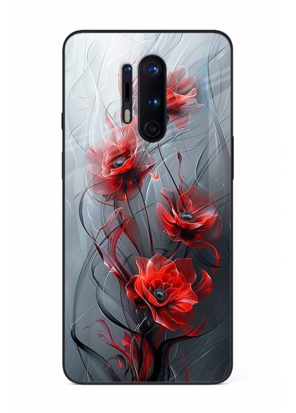 Smoky red blossom artwork on OnePlus 8 Pro glass back cover with deep atmospheric tones.
