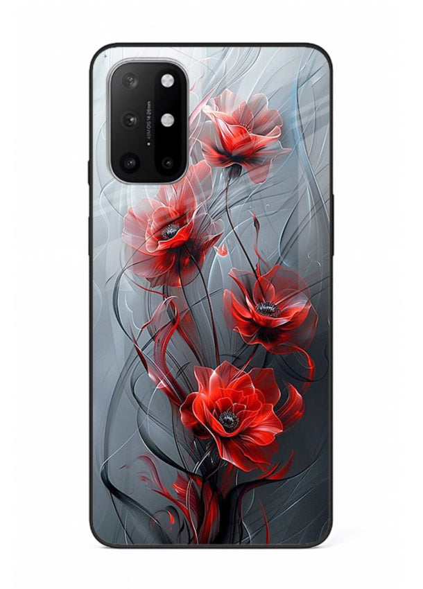 Smoky red blossom artwork on OnePlus 8T glass back cover with deep atmospheric tones.