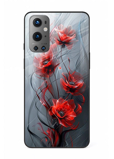 Smoky red blossom artwork on OnePlus 9 glass back cover with deep atmospheric tones.