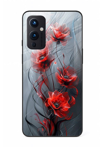 Smoky red blossom artwork on OnePlus 9 Pro glass back cover with deep atmospheric tones.