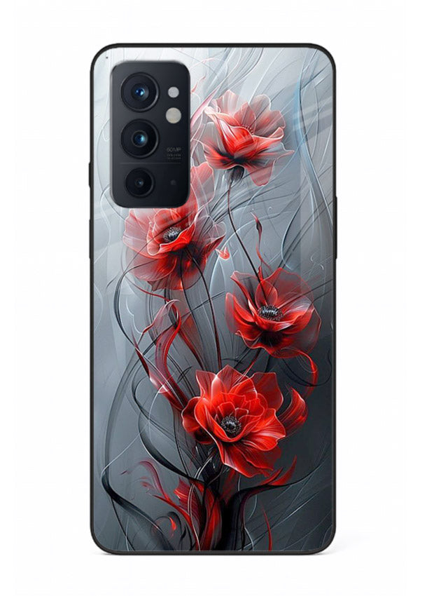 Smoky red blossom artwork on OnePlus 9RT glass back cover with deep atmospheric tones.
