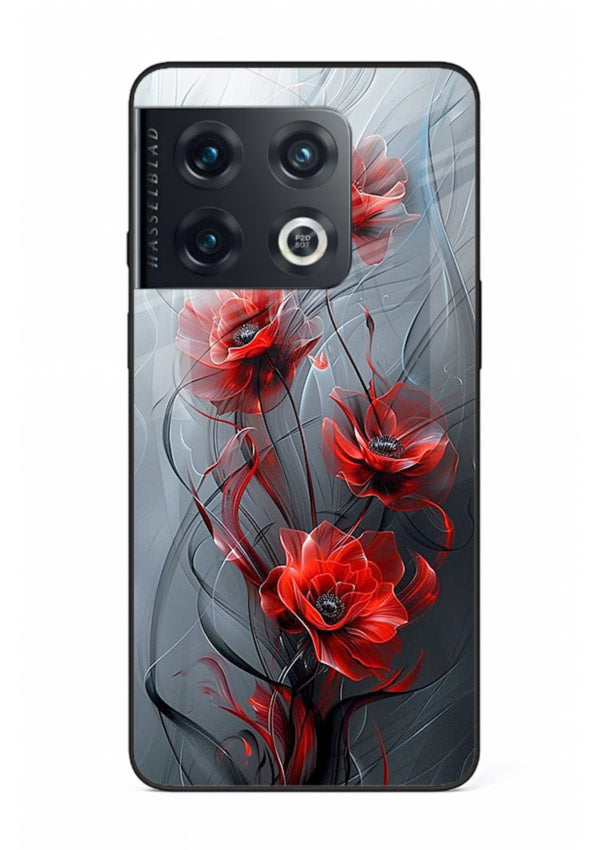 Smoky red blossom artwork on OnePlus 10 Pro glass back cover with deep atmospheric tones.