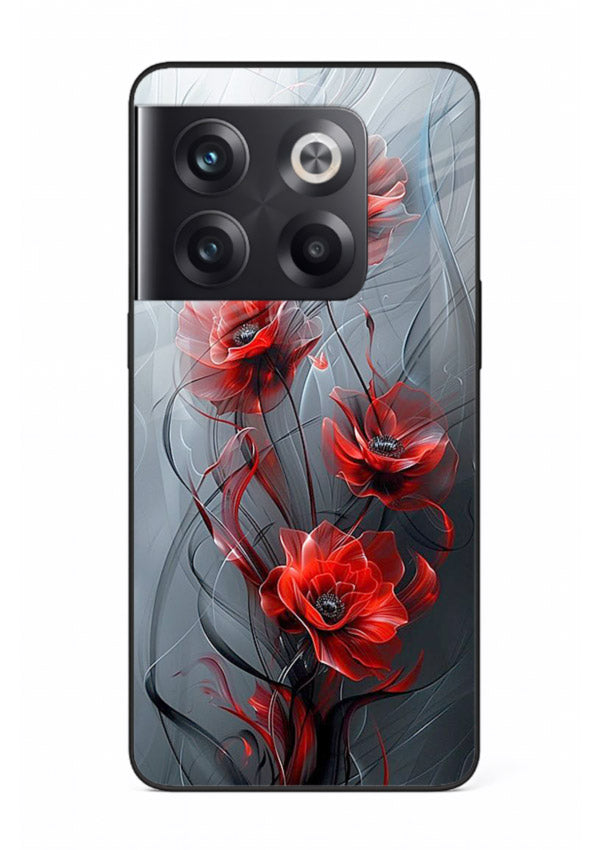 Smoky red blossom artwork on OnePlus 10T glass back cover with deep atmospheric tones.