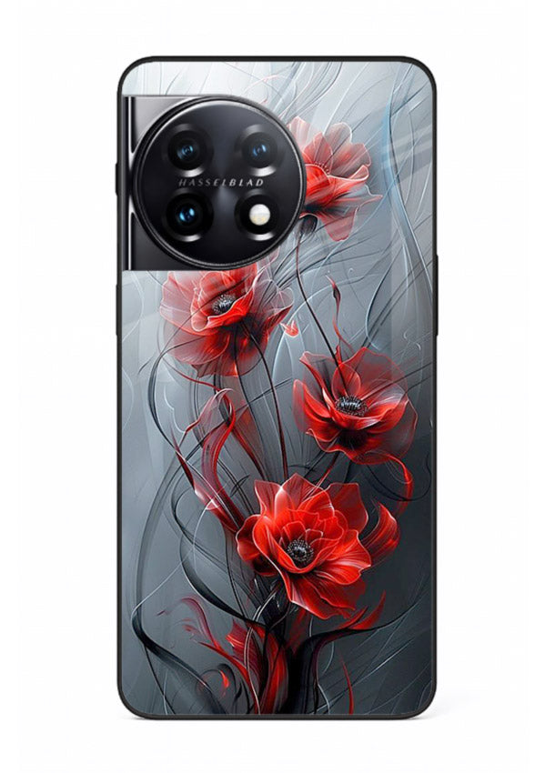 Smoky red blossom artwork on OnePlus 11 glass back cover with deep atmospheric tones.