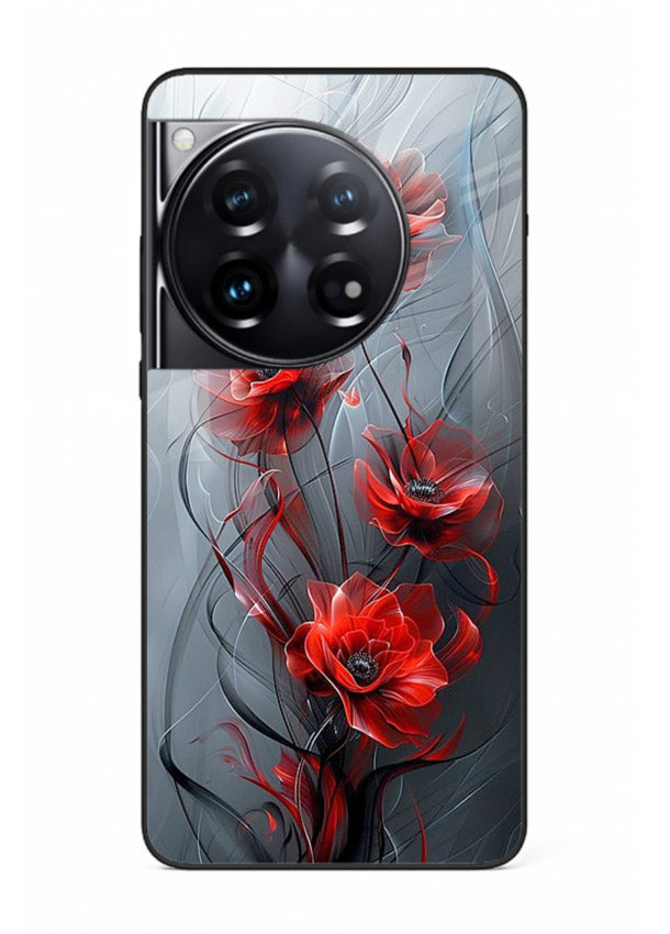 Smoky red blossom artwork on OnePlus 12 glass back cover with deep atmospheric tones.