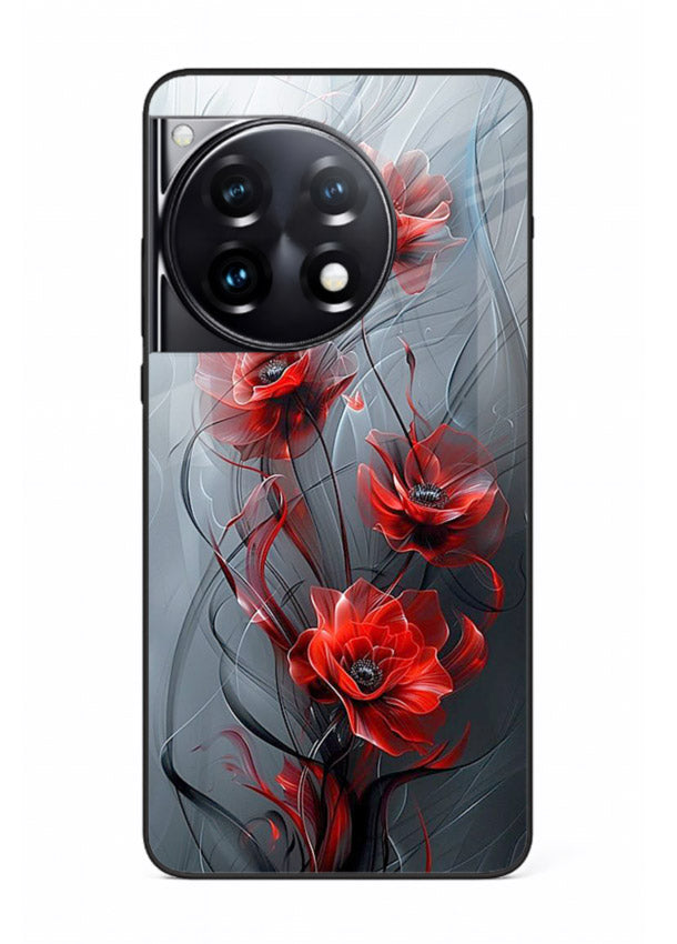 Smoky red blossom artwork on OnePlus 12R glass back cover with deep atmospheric tones.