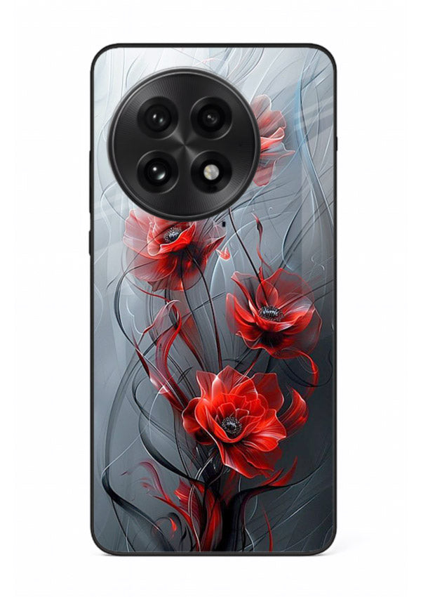 Smoky red blossom artwork on OnePlus 13 glass back cover with deep atmospheric tones.