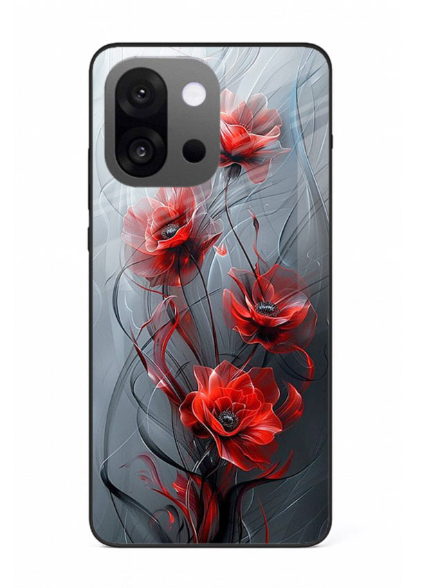 Smoky red blossom artwork on OnePlus 13s glass back cover with deep atmospheric tones.
