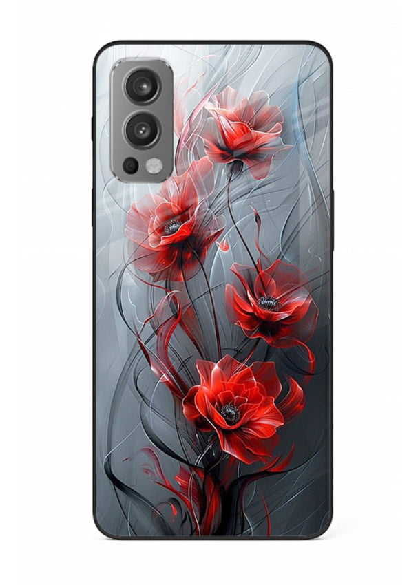 Smoky red blossom artwork on OnePlus Nord 2 glass back cover with deep atmospheric tones.