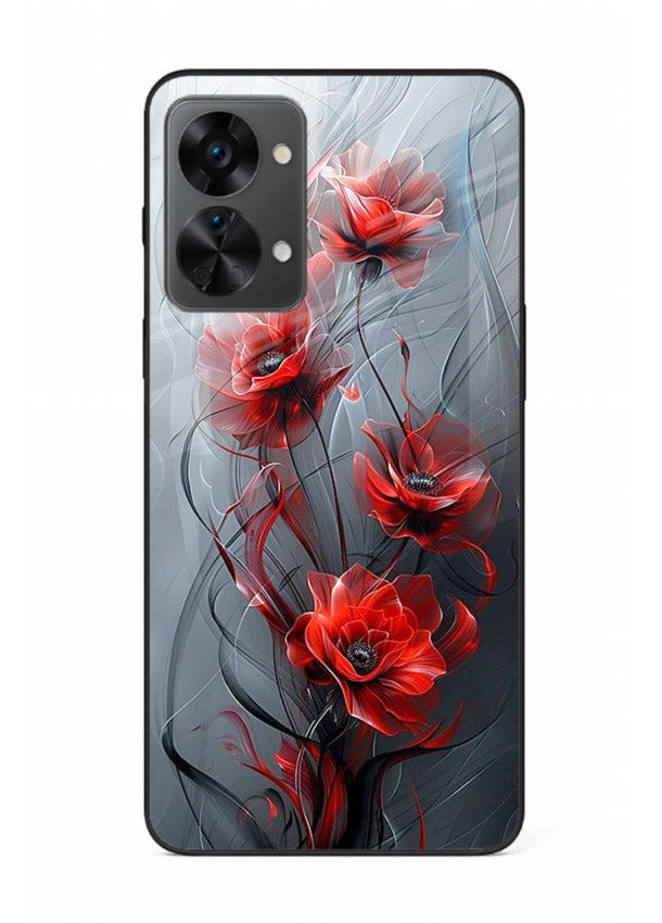 Smoky red blossom artwork on OnePlus Nord 2T glass back cover with deep atmospheric tones.