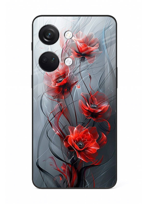 Smoky red blossom artwork on OnePlus Nord 3 glass back cover with deep atmospheric tones.