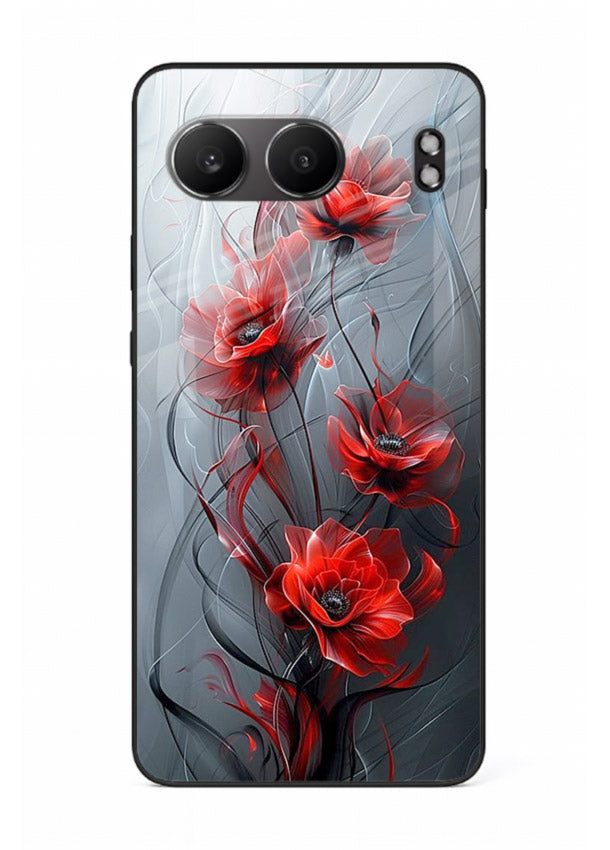 Smoky red blossom artwork on OnePlus Nord 4 glass back cover with deep atmospheric tones.
