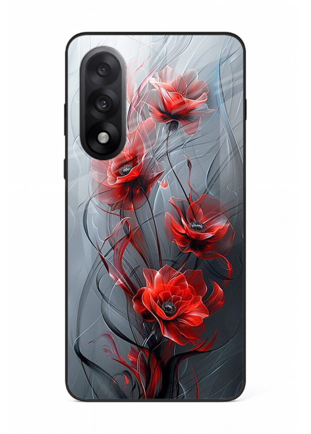 Smoky red blossom artwork on OnePlus Nord 5 glass back cover with deep atmospheric tones.