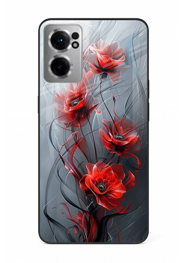 Smoky red blossom artwork on OnePlus Nord CE2 5G glass back cover with deep atmospheric tones.