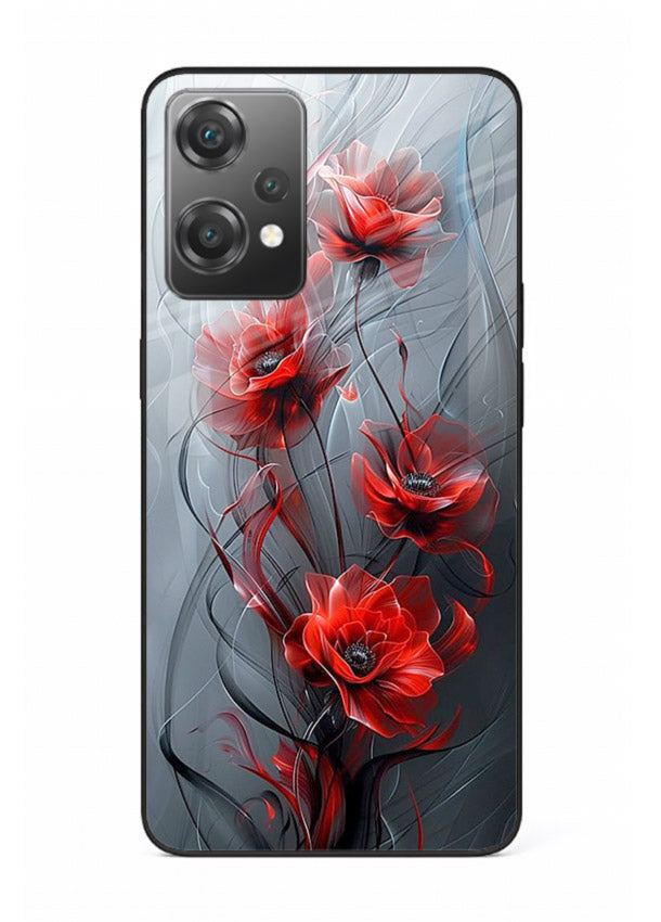 Smoky red blossom artwork on OnePlus Nord CE2 Lite 5G glass back cover with deep atmospheric tones.