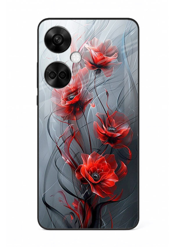 Smoky red blossom artwork on OnePlus Nord CE3 glass back cover with deep atmospheric tones.