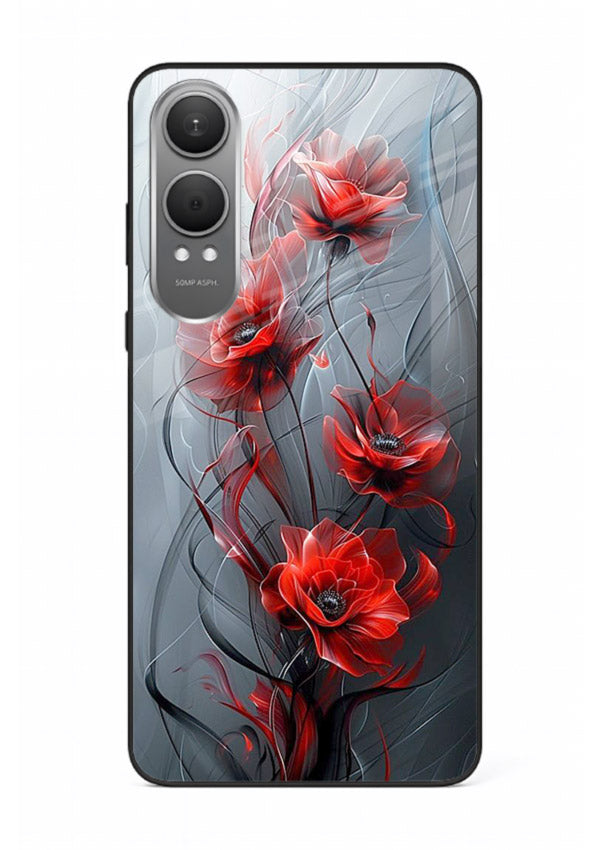 Smoky red blossom artwork on OnePlus Nord CE4 Lite glass back cover with deep atmospheric tones.