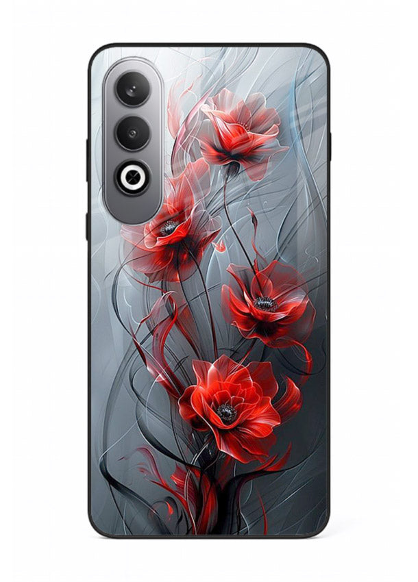 Smoky red blossom artwork on OnePlus Nord CE4 glass back cover with deep atmospheric tones.