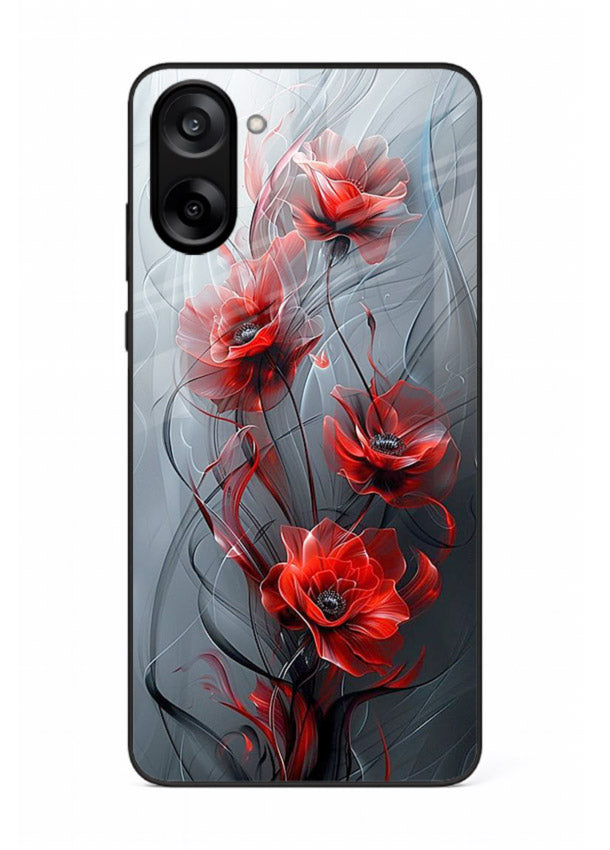 Smoky red blossom artwork on OnePlus Nord CE5 glass back cover with deep atmospheric tones.