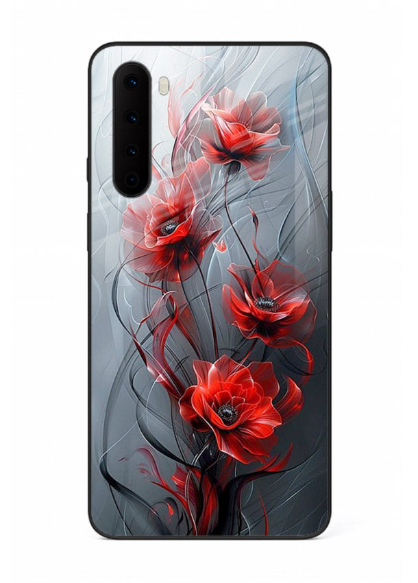 Smoky red blossom artwork on OnePlus Nord glass back cover with deep atmospheric tones.