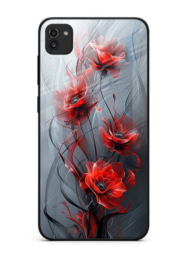 Smoky red blossom artwork on Samsung A03 glass back cover with deep atmospheric tones.