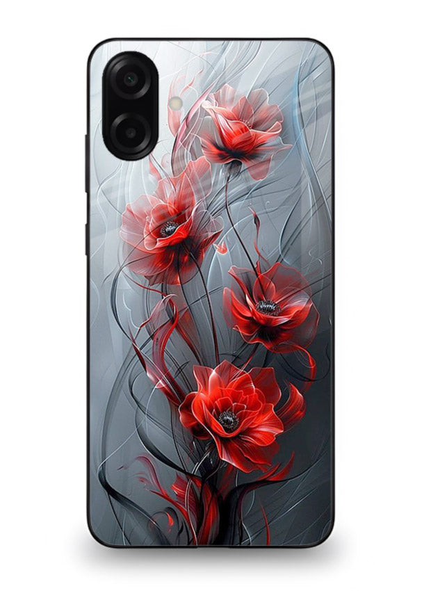 Smoky red blossom artwork on Samsung M13 5G glass back cover with deep atmospheric tones.