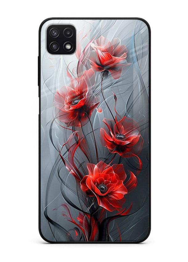 Smoky red blossom artwork on Samsung F42 5G glass back cover with deep atmospheric tones.