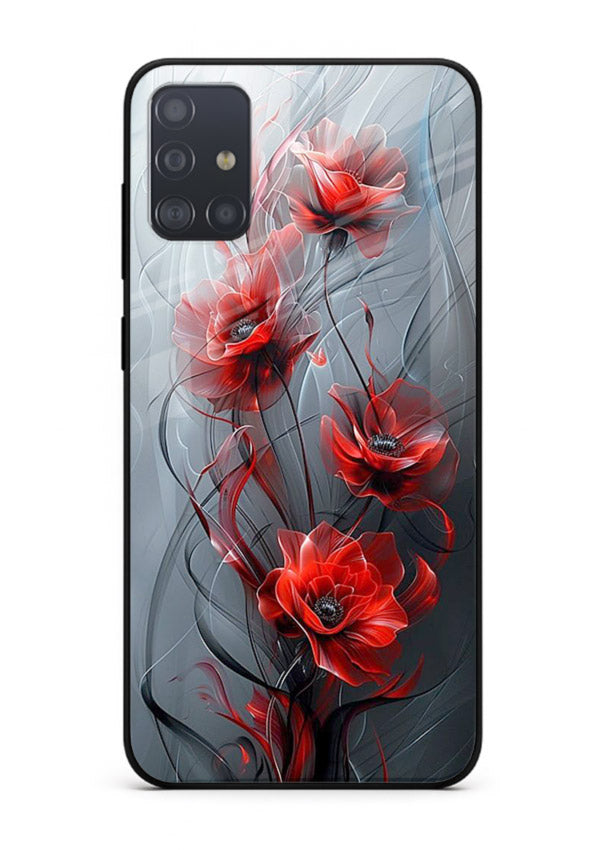 Smoky red blossom artwork on Samsung A71 glass back cover with deep atmospheric tones.